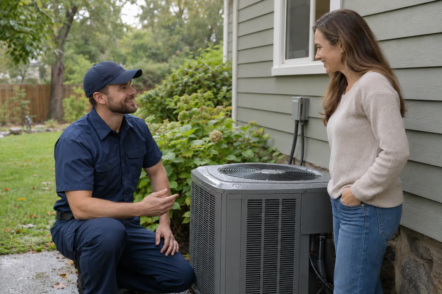 A friendly HVAC provider talking with a homeowner beside an outdoor AC unit in Seattle
